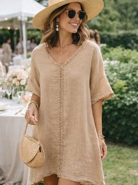 Pistache 100% Linen Dress Made in Italy Oversized XS Beige